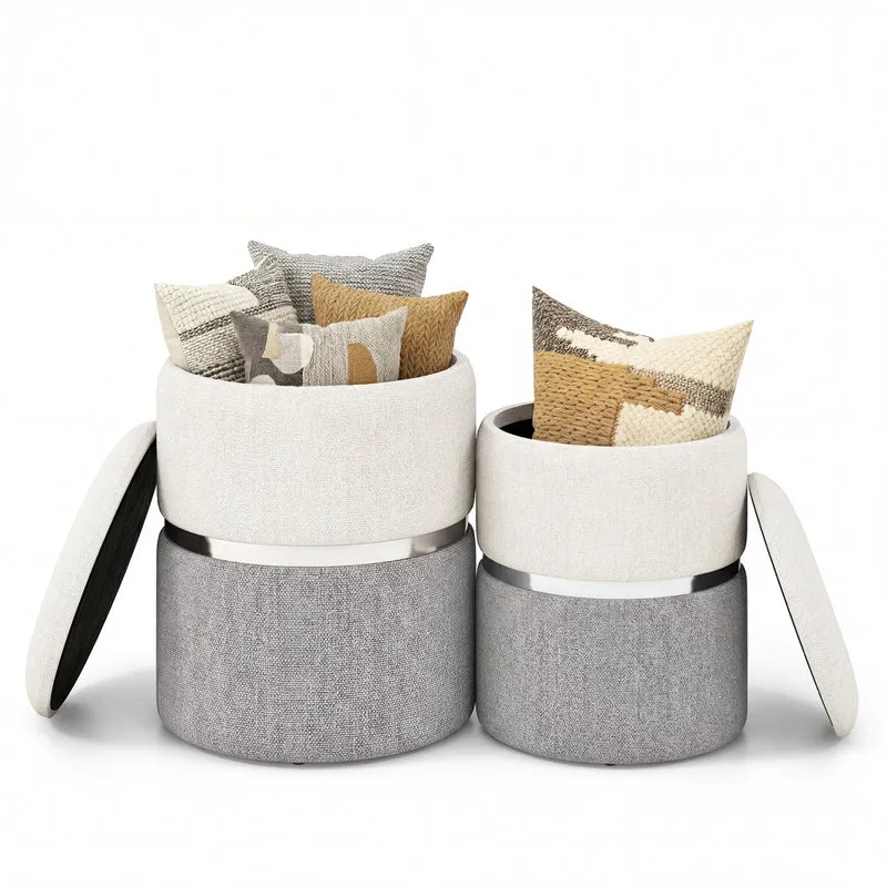 Velvet Linen Fabric Storage Ottoman Set, 2 Piece, Gray