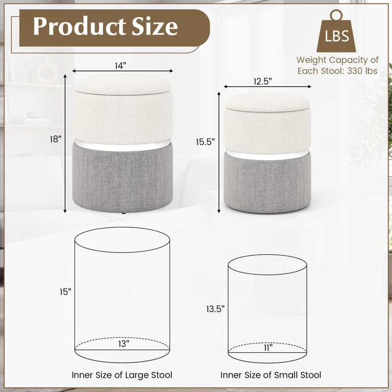 Velvet Linen Fabric Storage Ottoman Set, 2 Piece, Gray