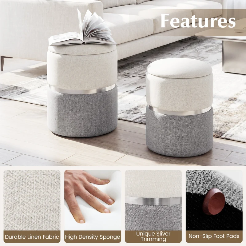 Velvet Linen Fabric Storage Ottoman Set, 2 Piece, Gray