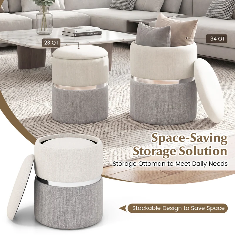 Velvet Linen Fabric Storage Ottoman Set, 2 Piece, Gray