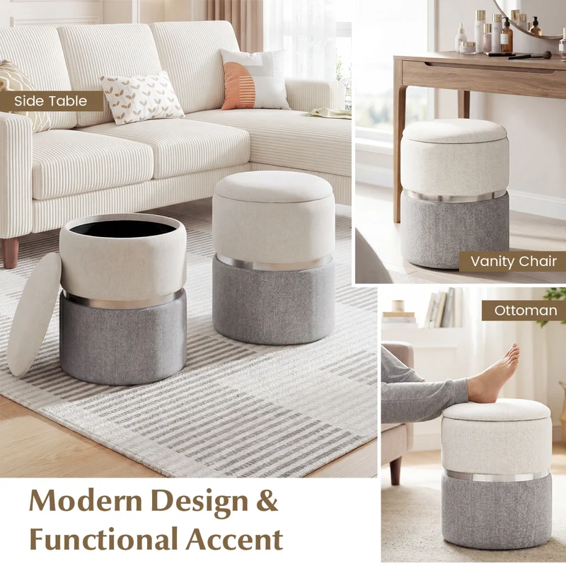 Velvet Linen Fabric Storage Ottoman Set, 2 Piece, Gray