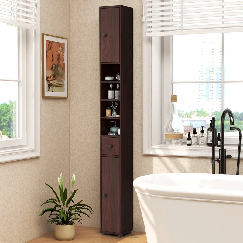 Slim Bathroom Cabinet With Drawer, Adjustable Shelves, Brown