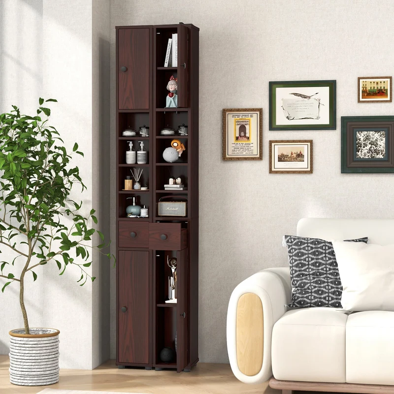 Slim Bathroom Cabinet With Drawer, Adjustable Shelves, Brown