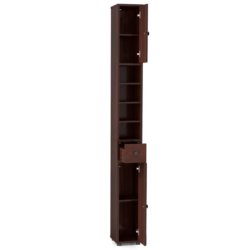Slim Bathroom Cabinet With Drawer, Adjustable Shelves, Brown