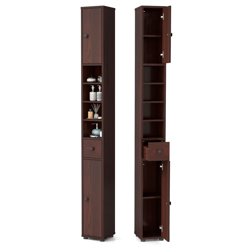 Slim Bathroom Cabinet With Drawer, Adjustable Shelves, Brown