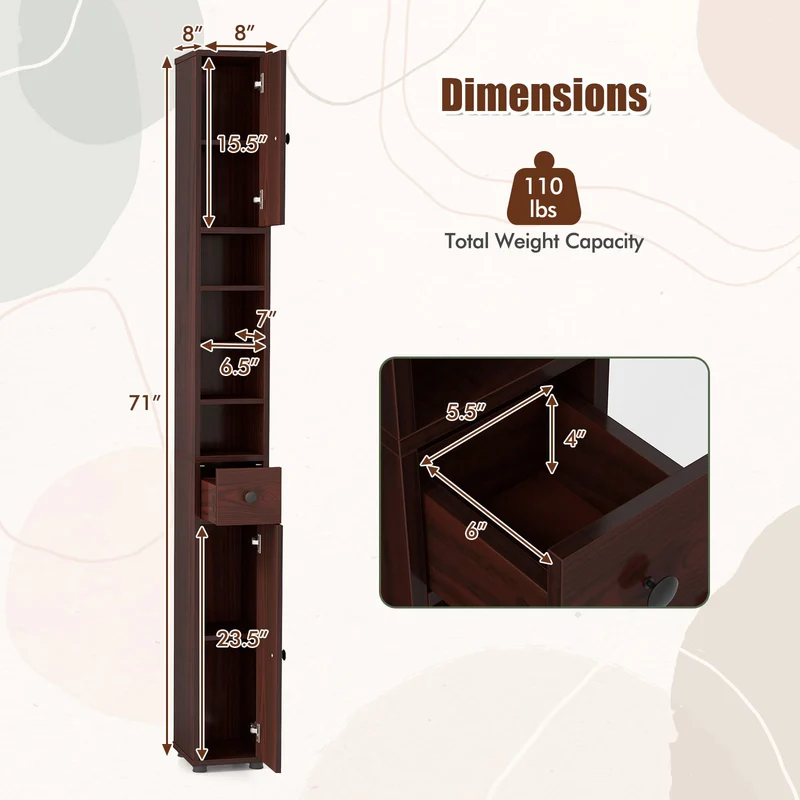 Slim Bathroom Cabinet With Drawer, Adjustable Shelves, Brown