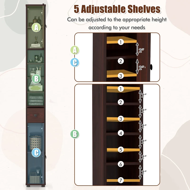 Slim Bathroom Cabinet With Drawer, Adjustable Shelves, Brown