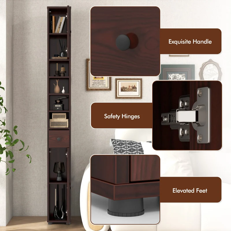 Slim Bathroom Cabinet With Drawer, Adjustable Shelves, Brown