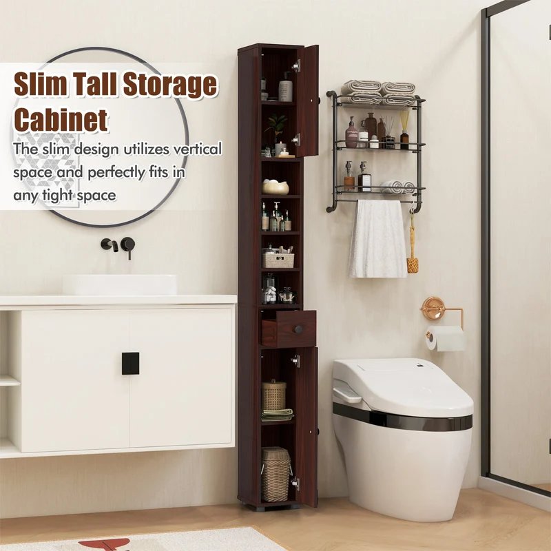 Slim Bathroom Cabinet With Drawer, Adjustable Shelves, Brown