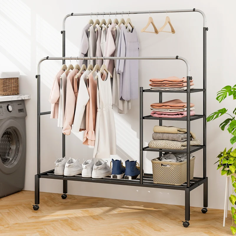 Rolling Double Rods Garment Rack, Height Adjustable Hanging Bars, Silver