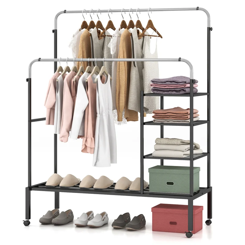 Rolling Double Rods Garment Rack, Height Adjustable Hanging Bars, Silver