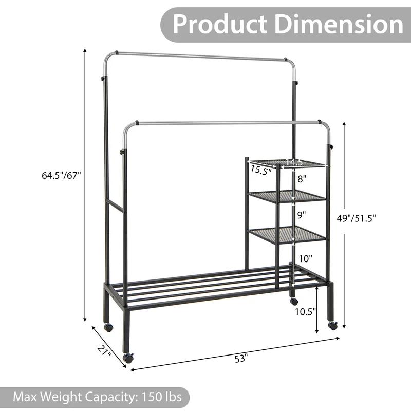 Rolling Double Rods Garment Rack, Height Adjustable Hanging Bars, Silver