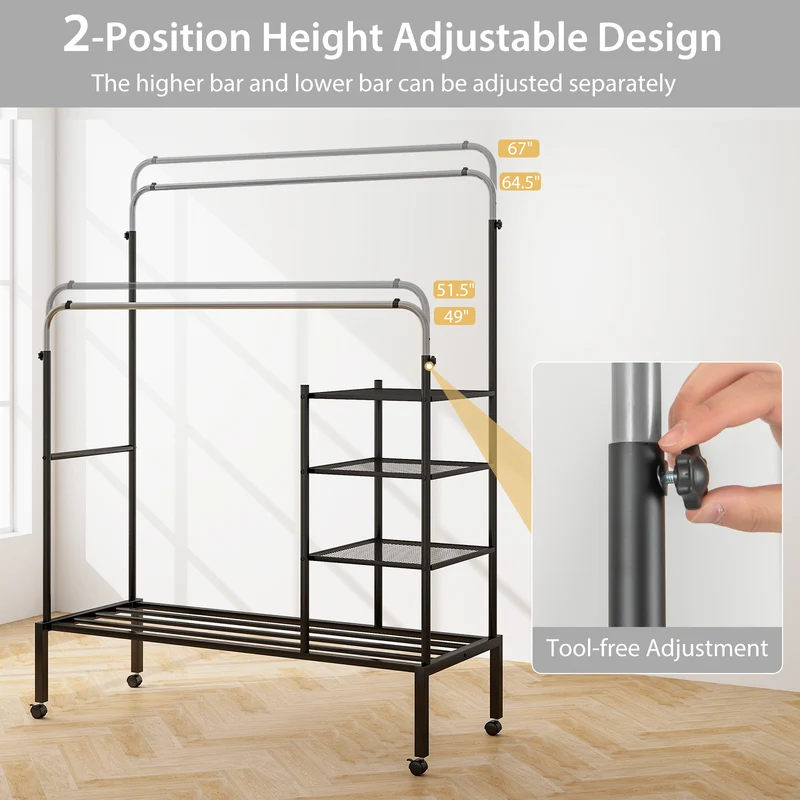 Rolling Double Rods Garment Rack, Height Adjustable Hanging Bars, Silver