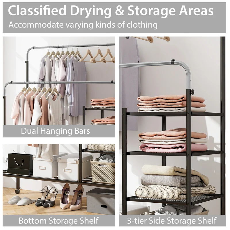 Rolling Double Rods Garment Rack, Height Adjustable Hanging Bars, Silver