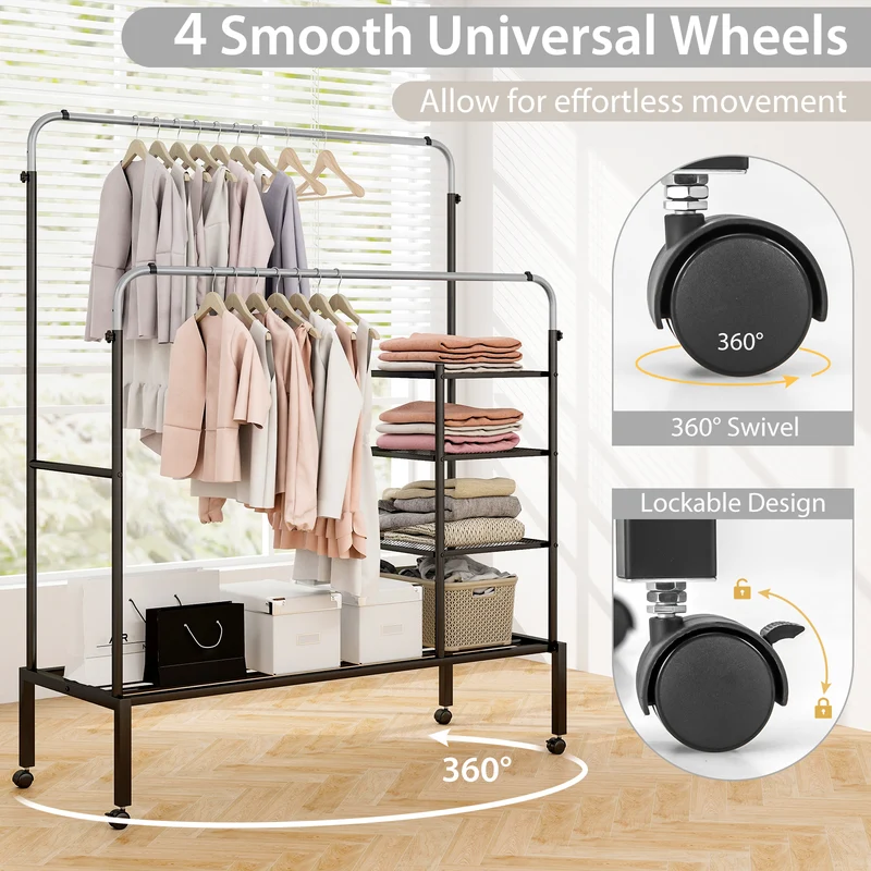 Rolling Double Rods Garment Rack, Height Adjustable Hanging Bars, Silver