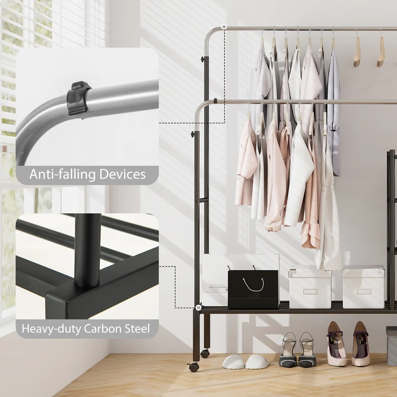 Rolling Double Rods Garment Rack, Height Adjustable Hanging Bars, Silver