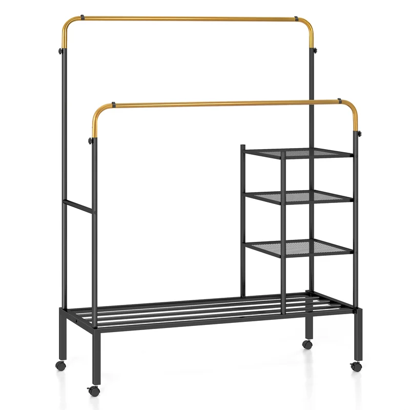 Rolling Double Rod Garment Rack, Height Adjustable, Golden