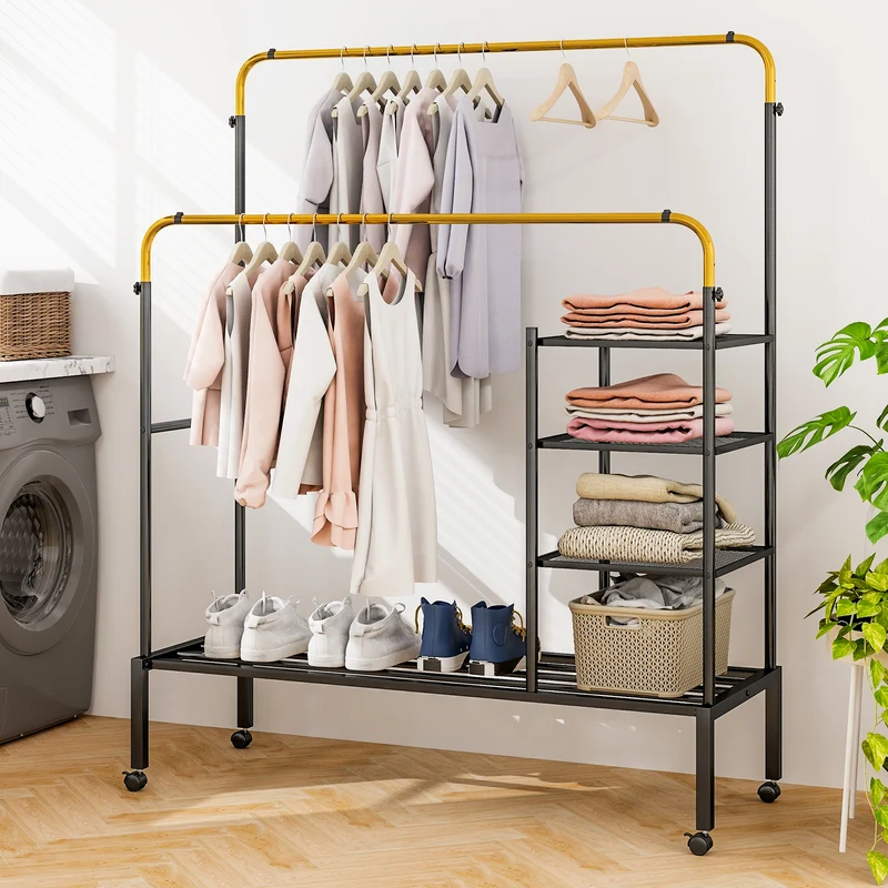 Rolling Double Rod Garment Rack, Height Adjustable, Golden