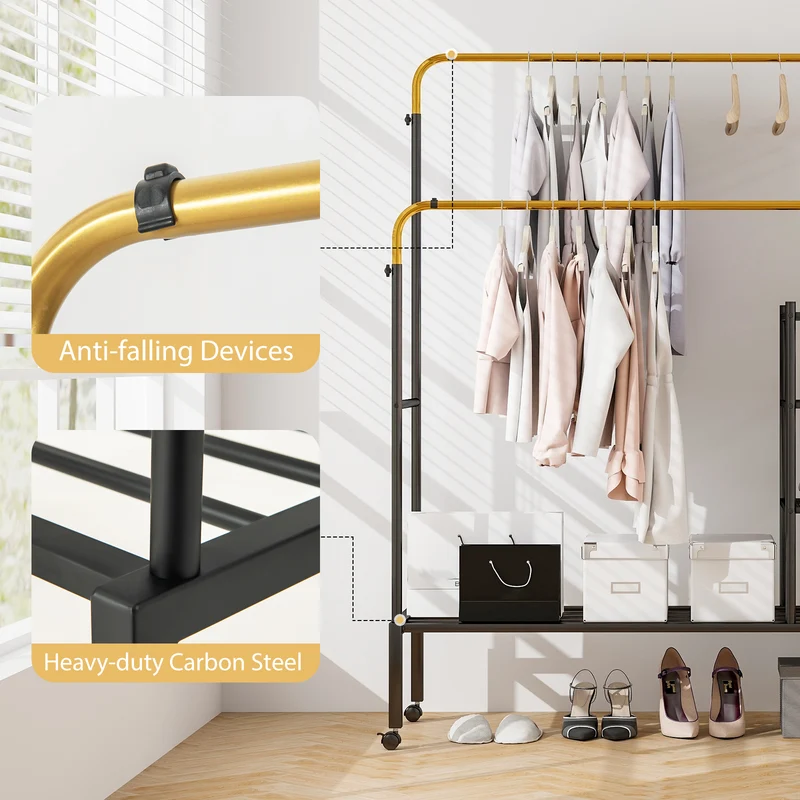 Rolling Double Rod Garment Rack, Height Adjustable, Golden