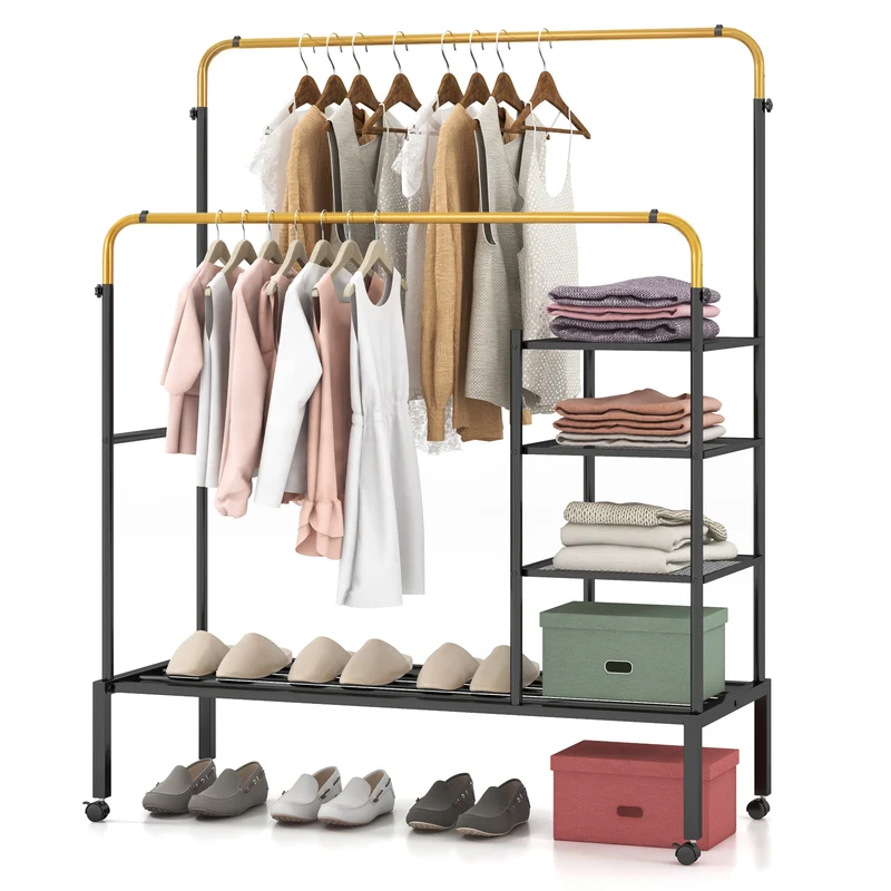 Rolling Double Rod Garment Rack, Height Adjustable, Golden