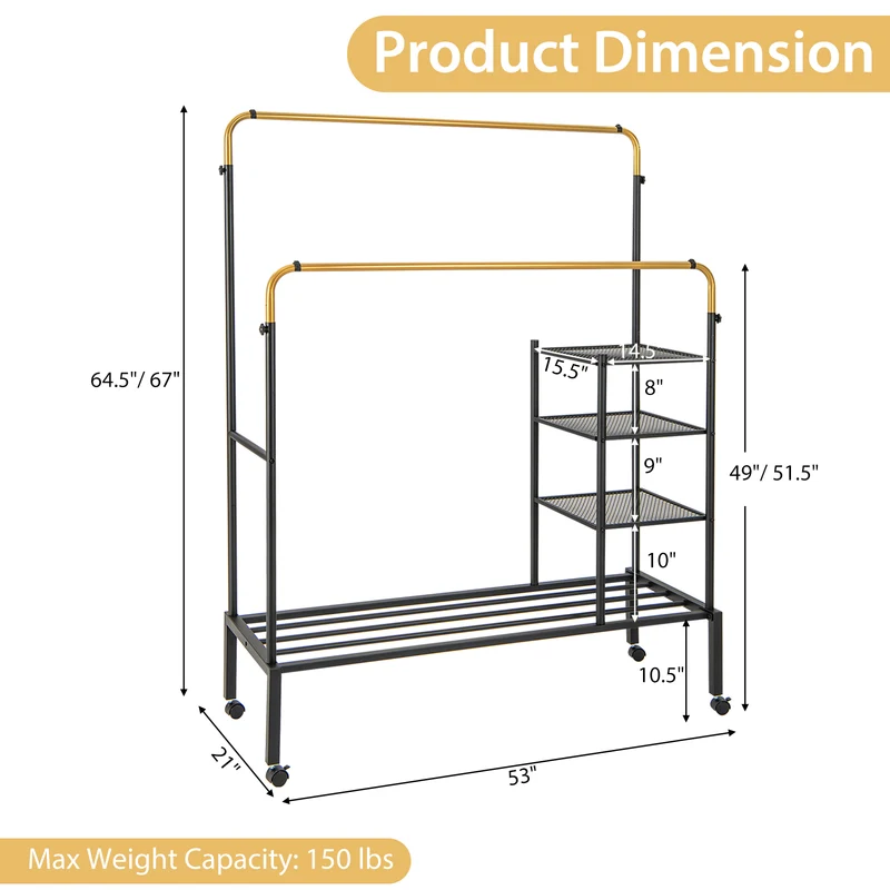 Rolling Double Rod Garment Rack, Height Adjustable, Golden