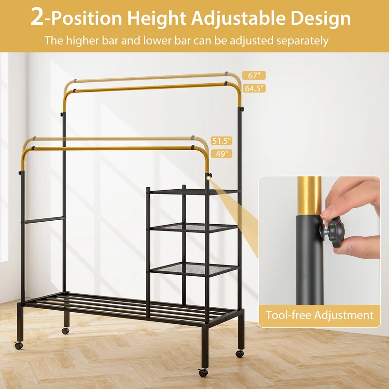 Rolling Double Rod Garment Rack, Height Adjustable, Golden