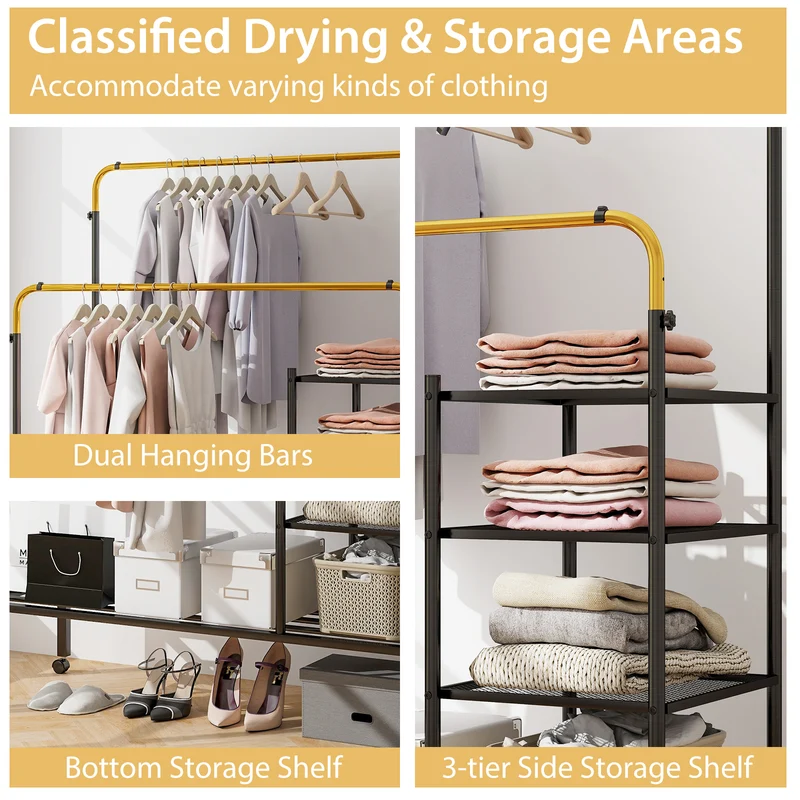 Rolling Double Rod Garment Rack, Height Adjustable, Golden