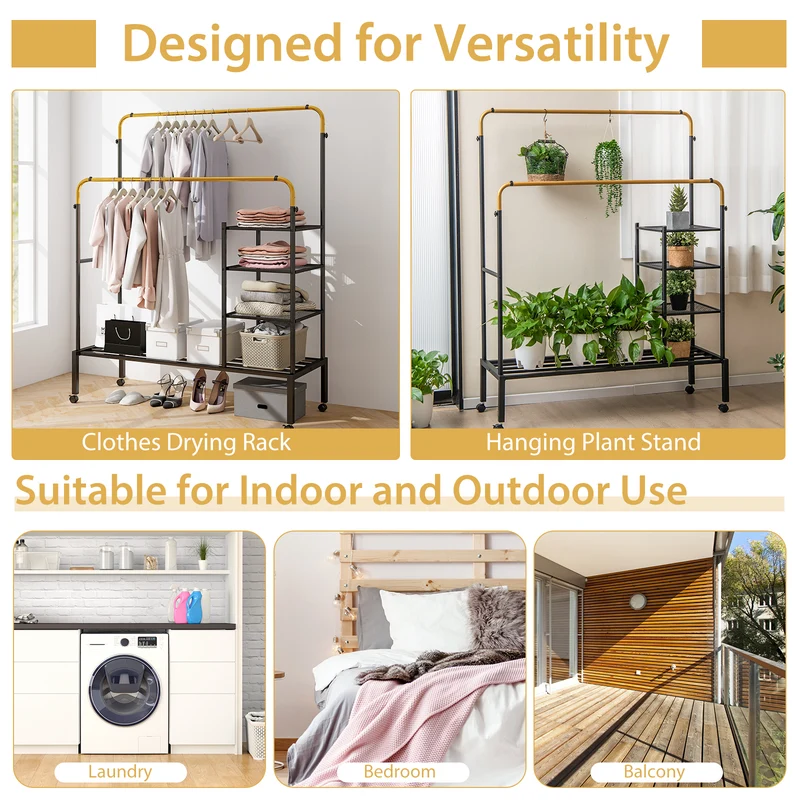 Rolling Double Rod Garment Rack, Height Adjustable, Golden