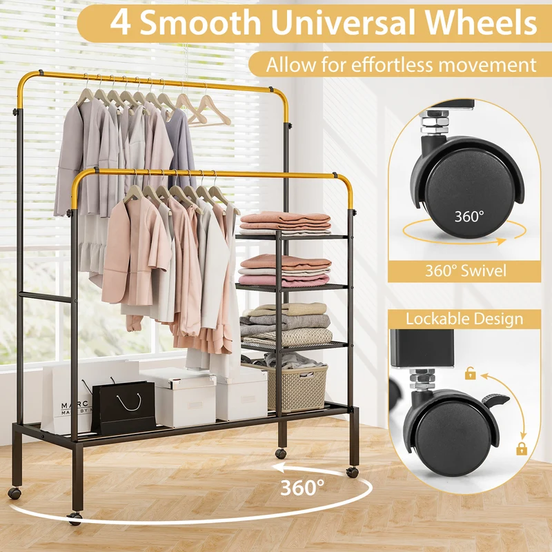 Rolling Double Rod Garment Rack, Height Adjustable, Golden