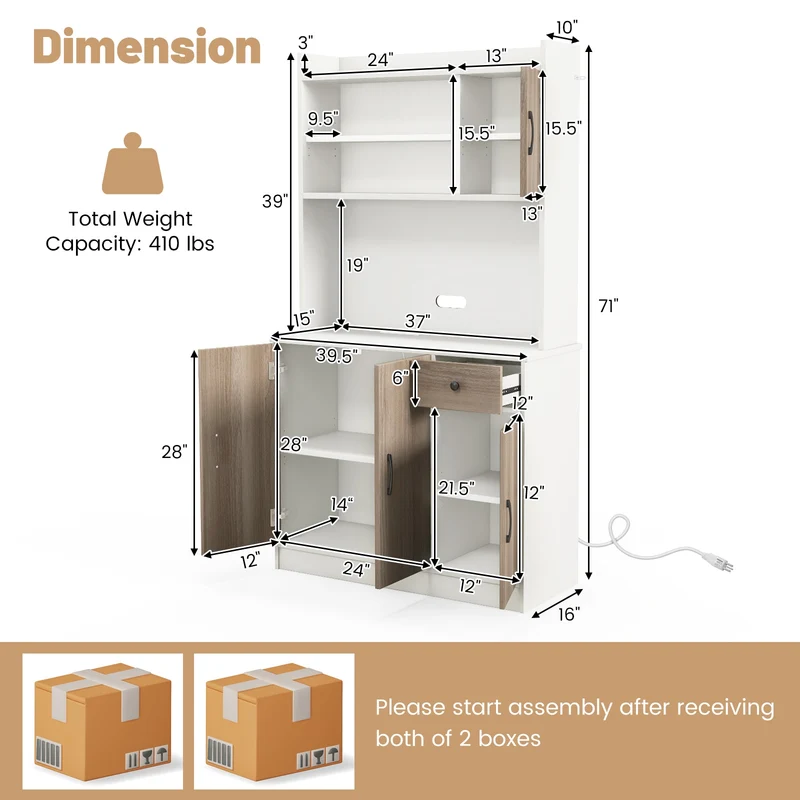 71 Inch Kitchen Pantry Storage Cabinet, Built-In Charge Station, White