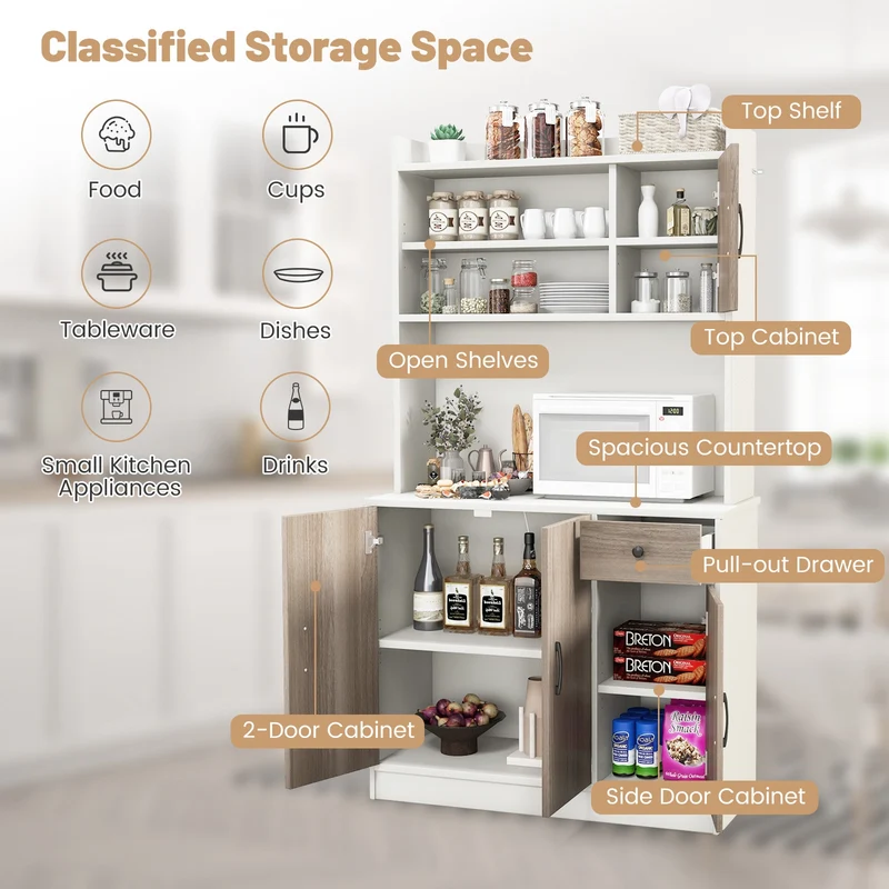 71 Inch Kitchen Pantry Storage Cabinet, Built-In Charge Station, White