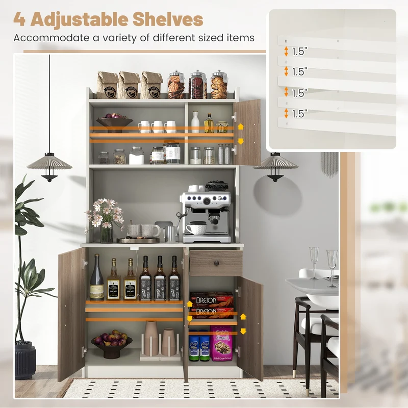 71 Inch Kitchen Pantry Storage Cabinet, Built-In Charge Station, White