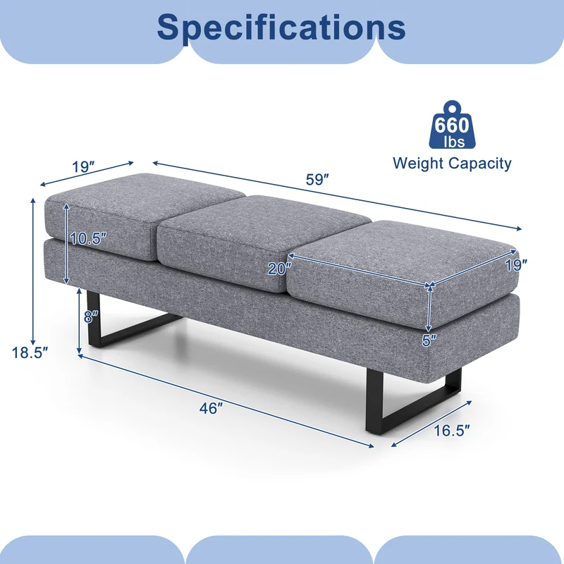 Waiting Room Bench, Metal Frame Leg, Gray