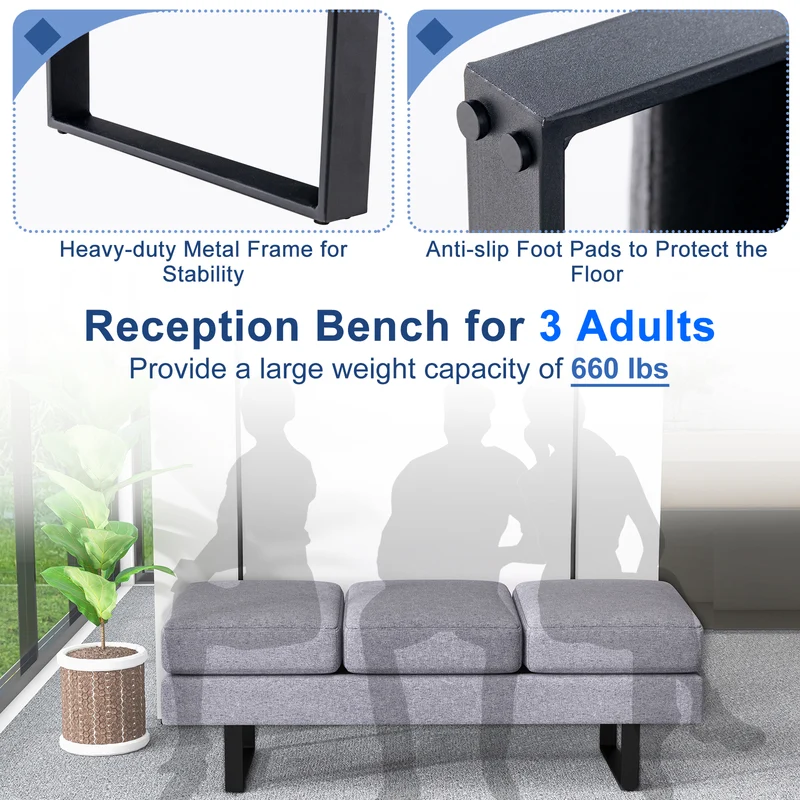Waiting Room Bench, Metal Frame Leg, Gray