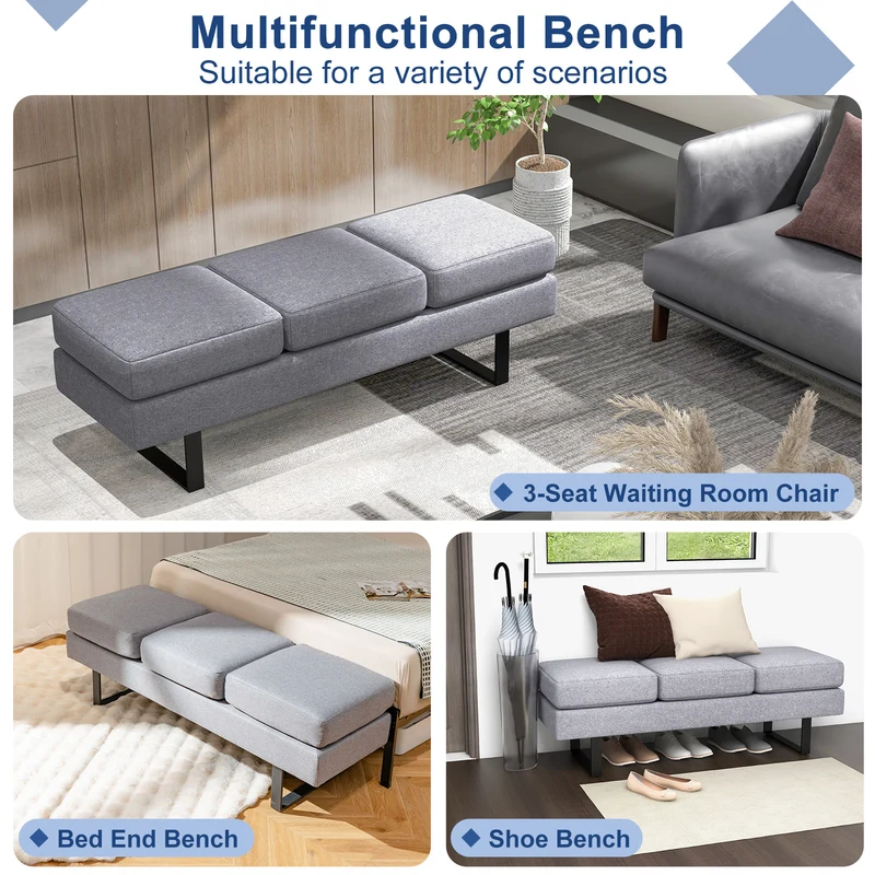 Waiting Room Bench, Metal Frame Leg, Gray
