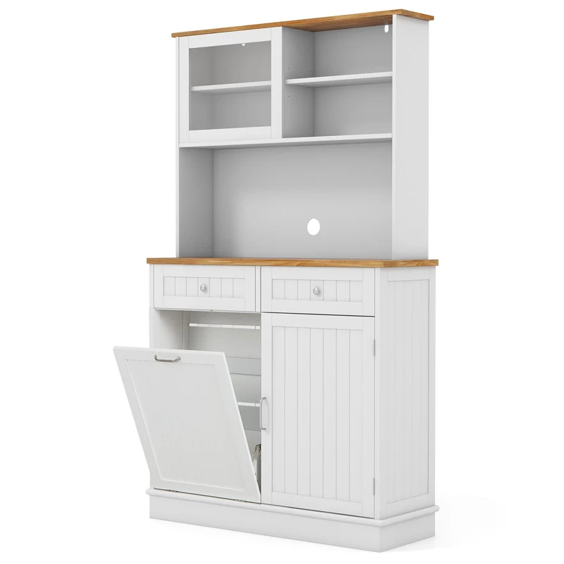Double Tilt Out Trash Cabinet With Hutch, Rubber Wood Countertop, White