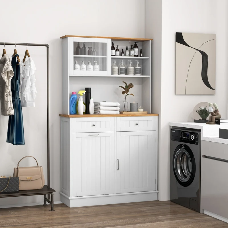 Double Tilt Out Trash Cabinet With Hutch, Rubber Wood Countertop, White