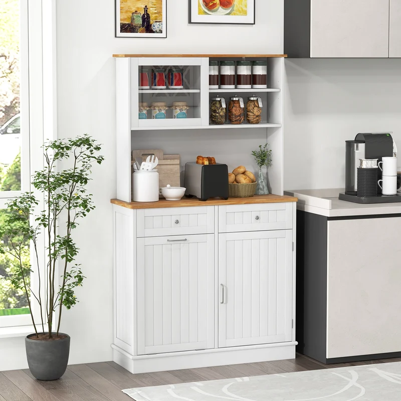 Double Tilt Out Trash Cabinet With Hutch, Rubber Wood Countertop, White