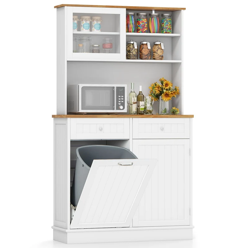 Double Tilt Out Trash Cabinet With Hutch, Rubber Wood Countertop, White