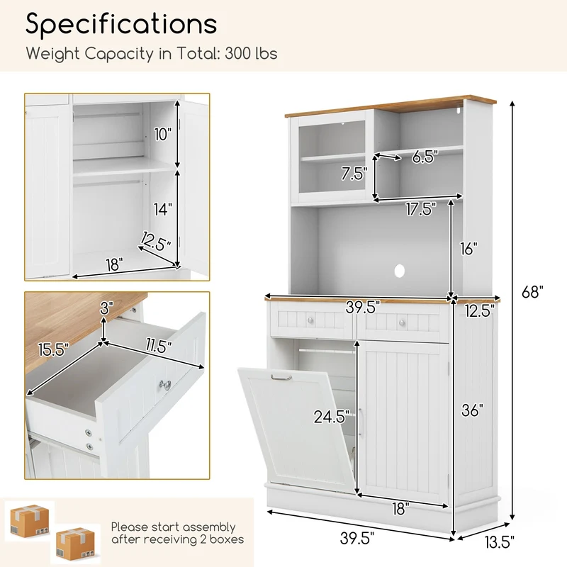 Double Tilt Out Trash Cabinet With Hutch, Rubber Wood Countertop, White