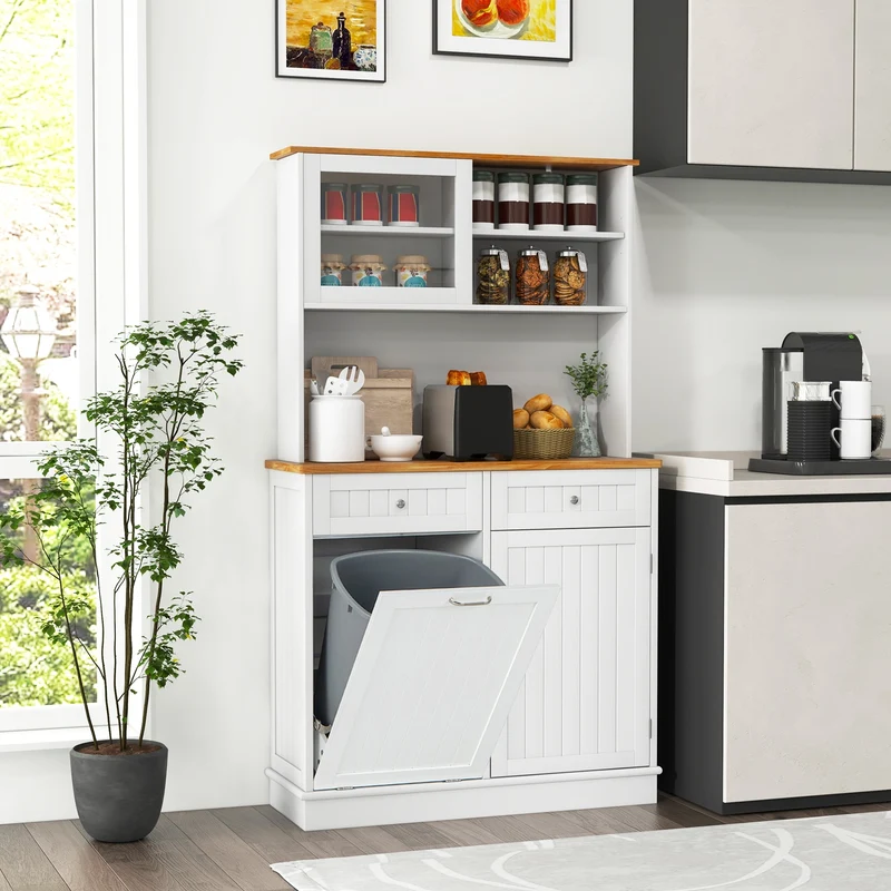 Double Tilt Out Trash Cabinet With Hutch, Rubber Wood Countertop, White