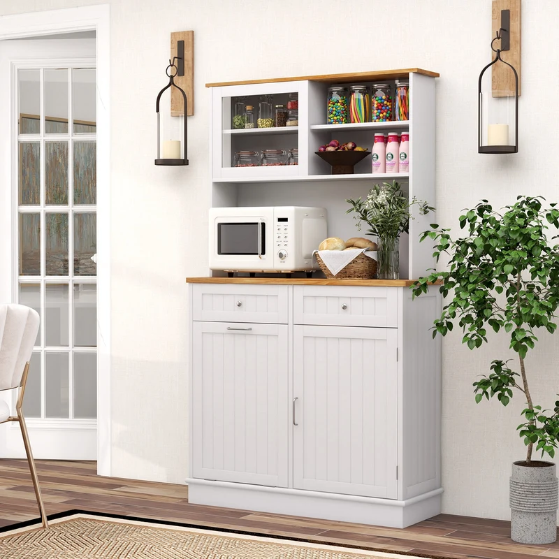 Double Tilt Out Trash Cabinet With Hutch, Rubber Wood Countertop, White