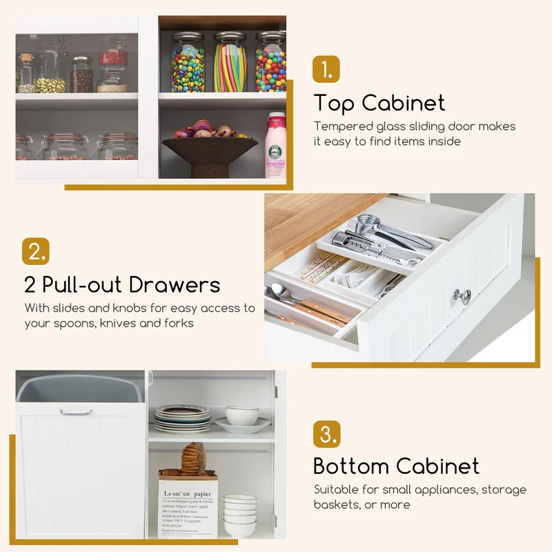 Double Tilt Out Trash Cabinet With Hutch, Rubber Wood Countertop, White