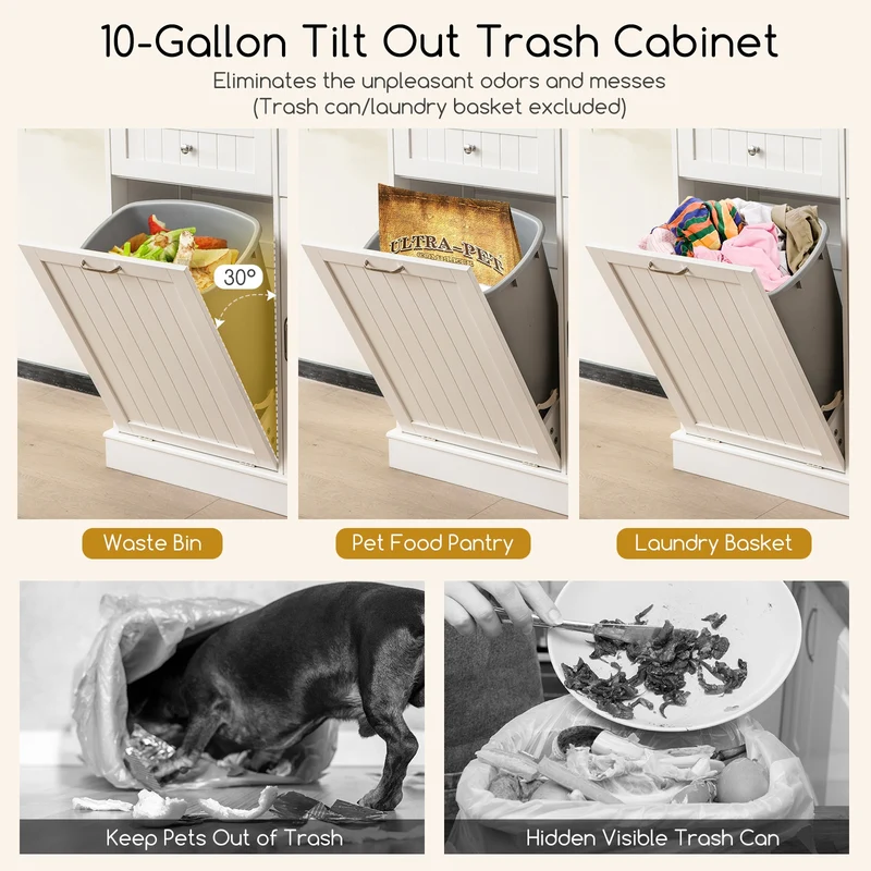 Double Tilt Out Trash Cabinet With Hutch, Rubber Wood Countertop, White