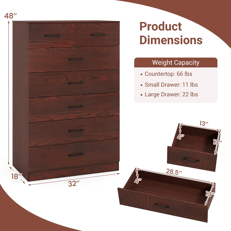 Wooden Chest Of Drawers, Anti-Toppling Device, Metal Handles, Espresso