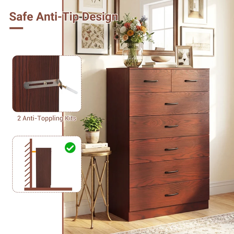 Wooden Chest Of Drawers, Anti-Toppling Device, Metal Handles, Espresso