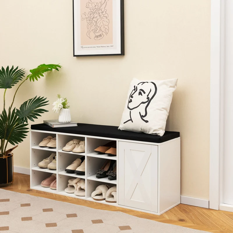 9-Cube Shoe Bench, Adjustable Shelves, Removable Cushion, White