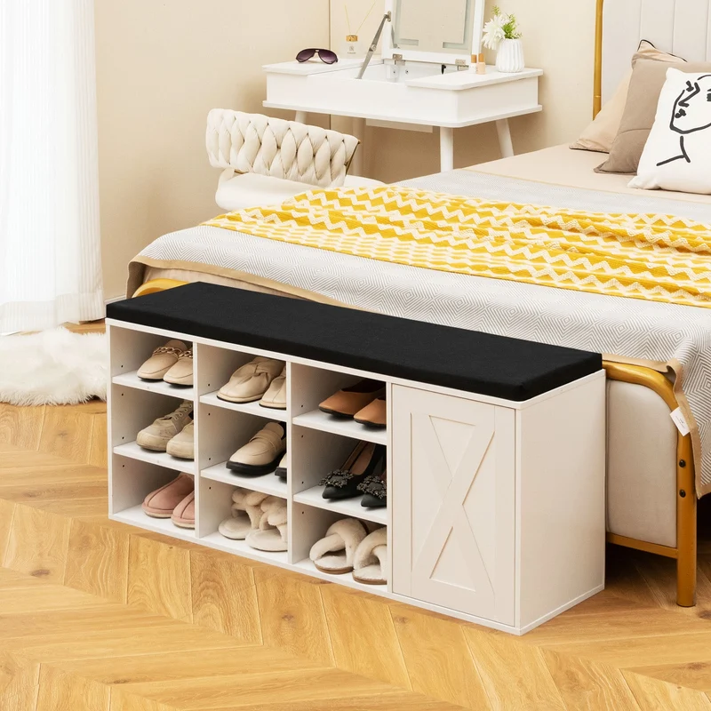 9-Cube Shoe Bench, Adjustable Shelves, Removable Cushion, White