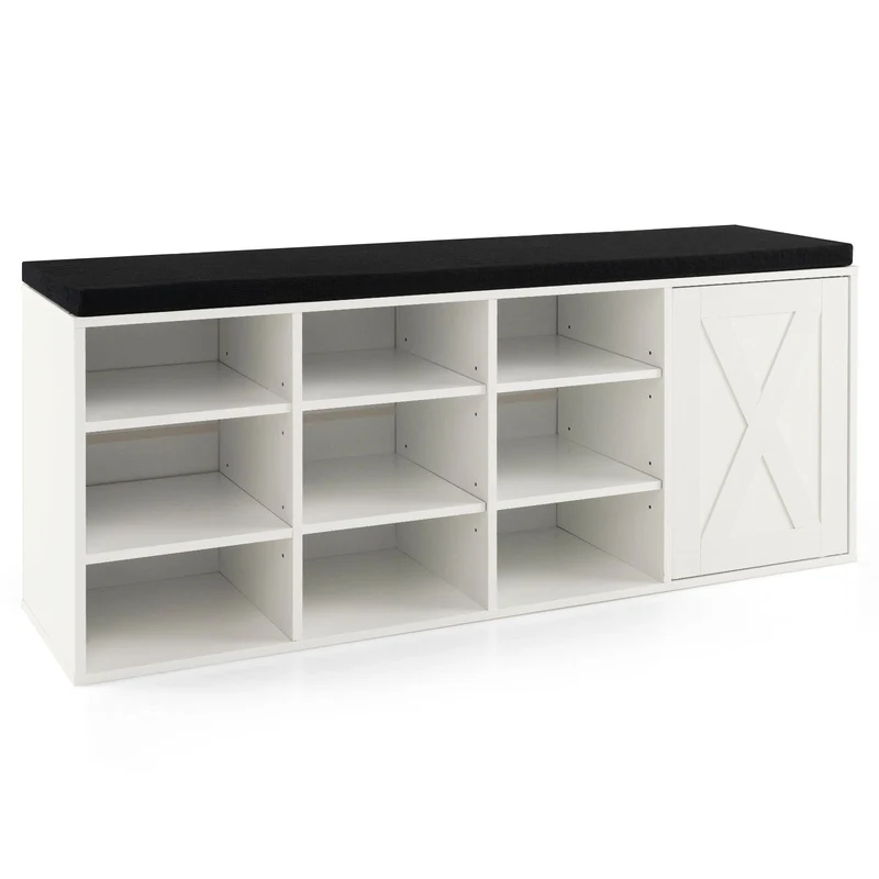 9-Cube Shoe Bench, Adjustable Shelves, Removable Cushion, White