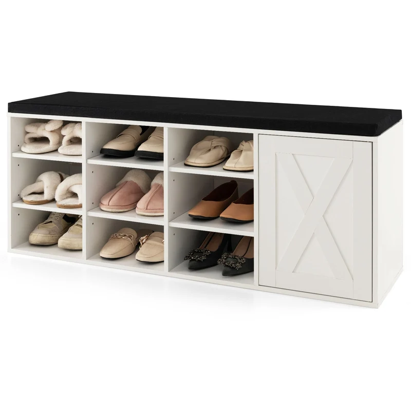 9-Cube Shoe Bench, Adjustable Shelves, Removable Cushion, White